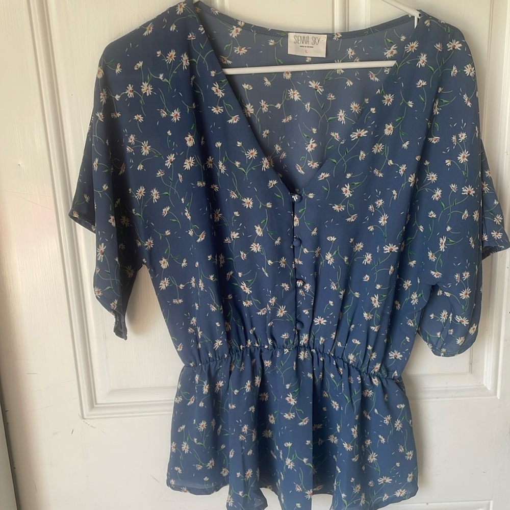 Like new. Blue/white Floral v-neck top. Juniors large.